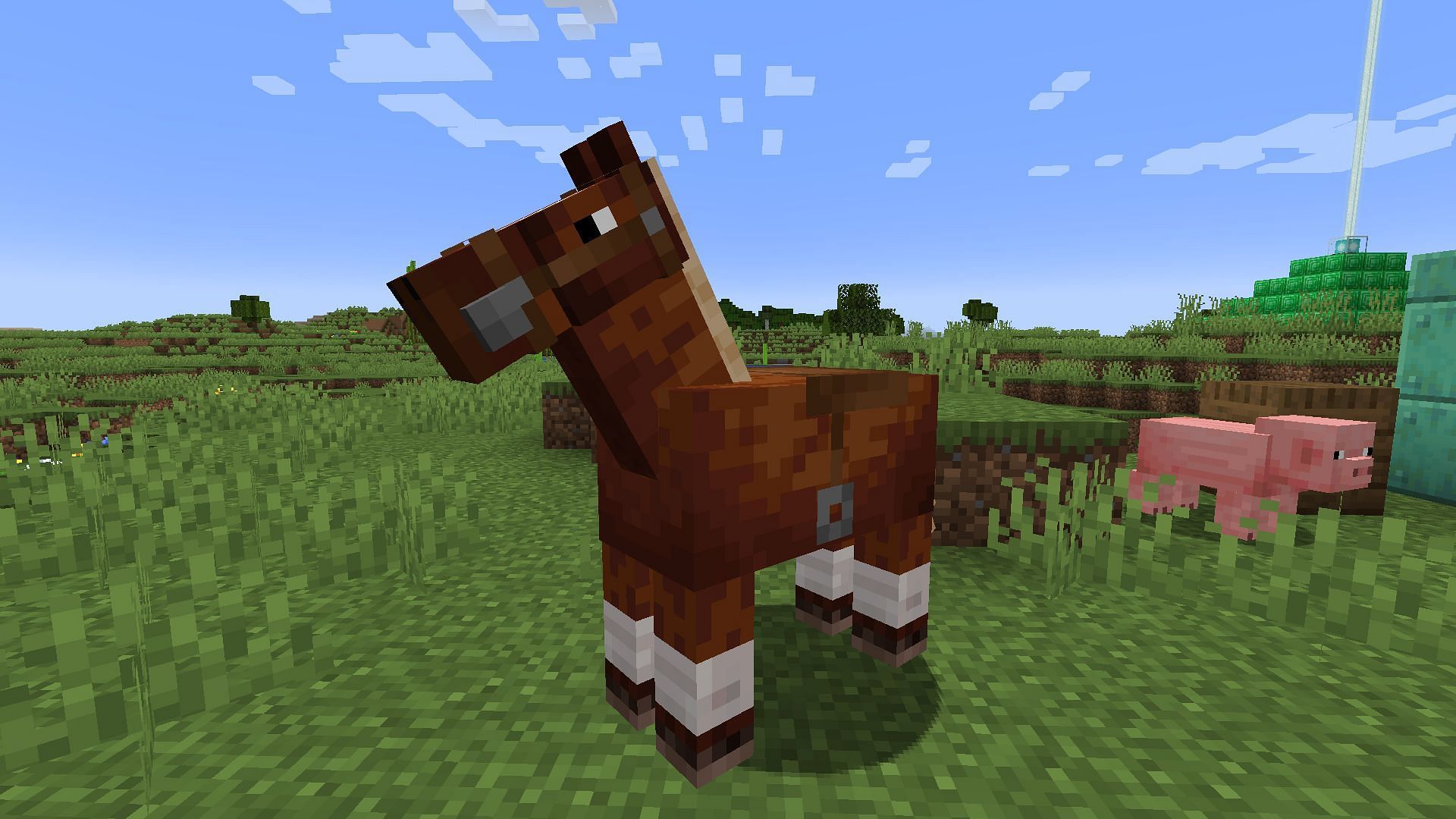 A player&#039;s tamed horse in-game (Image via Minecraft)