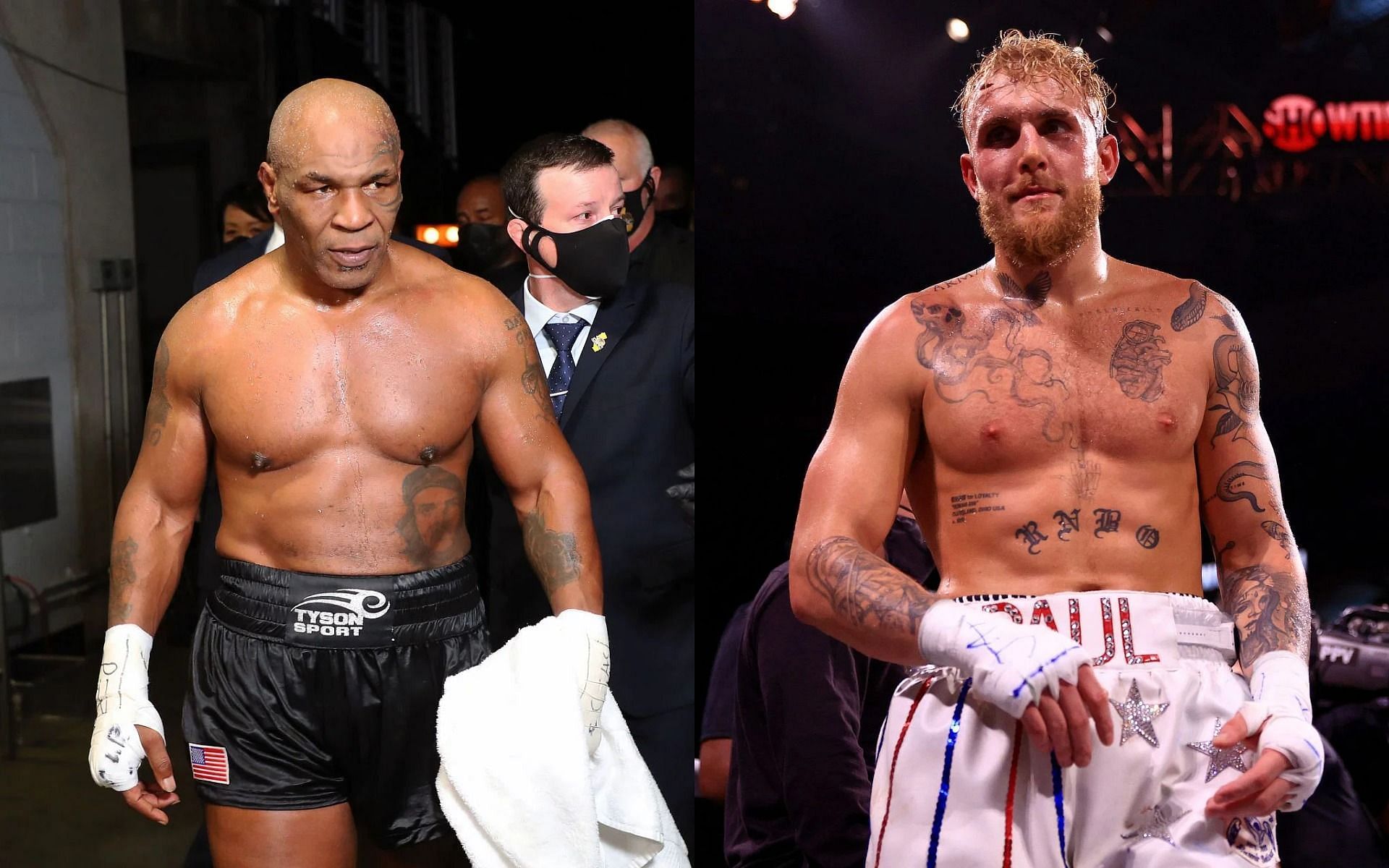 Mike Tyson (L) has praised Jake Paul (R) ahead of a possible fight in August.