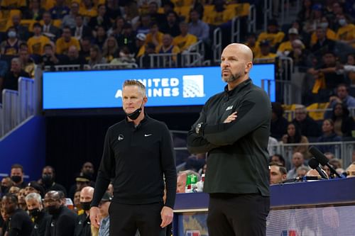 Steve Kerr of the Golden State Warriors and Jason Kidd of the Dallas Mavericks