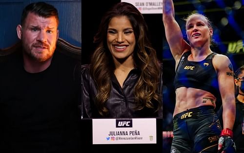 Michael Bisping (left) wants Valentina Shevchenko (right) to fight Julianna Pena (center). [Michael Bisping image via YouTube/michaelbisping]