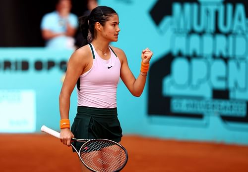 Emma Raducanu pumps her fist during her second-round match against Marta Kostyuk in Madrid