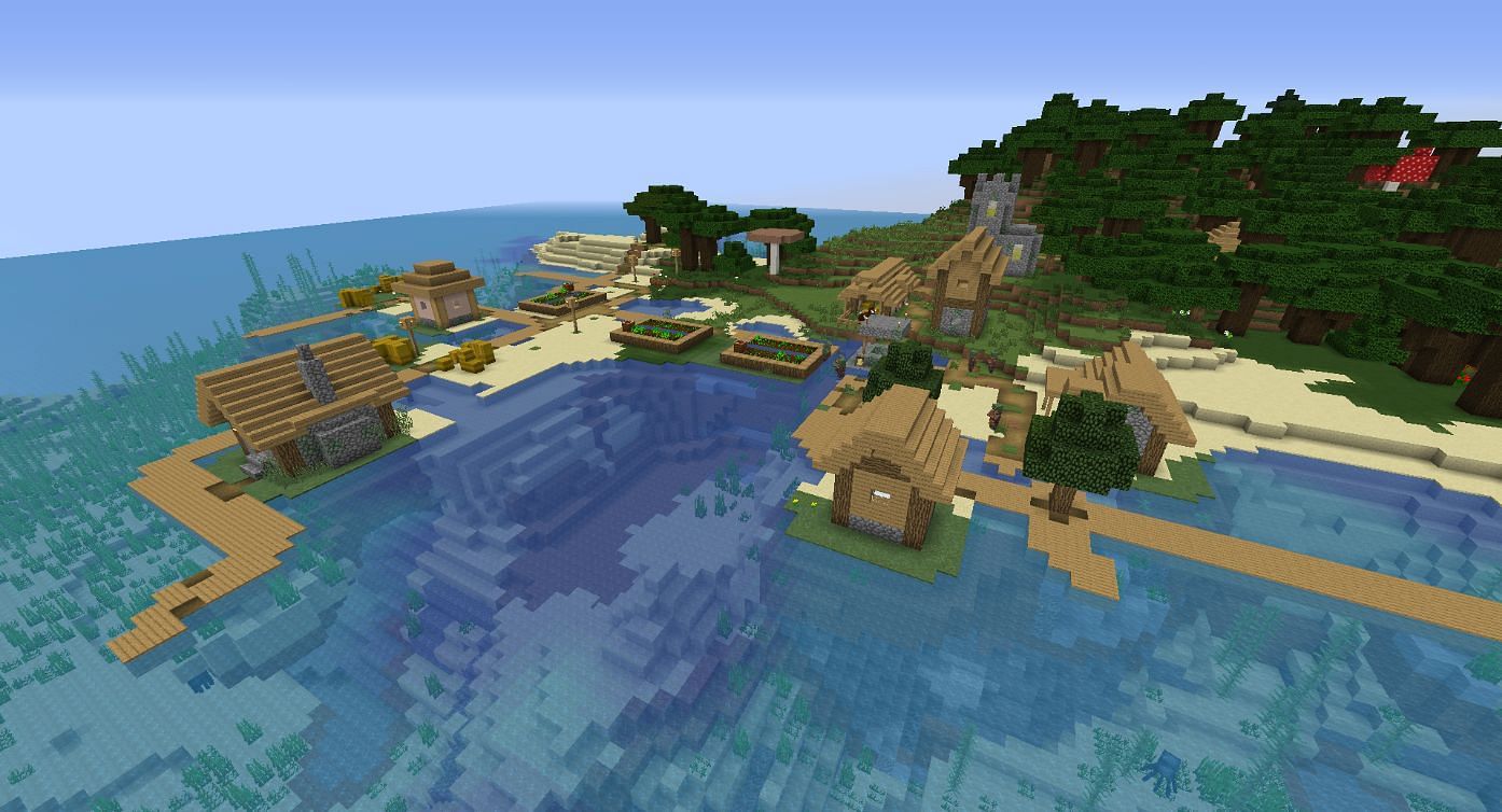 A village, filled with villagers, is often used to help progression in adventure maps (Image via Minecraft)