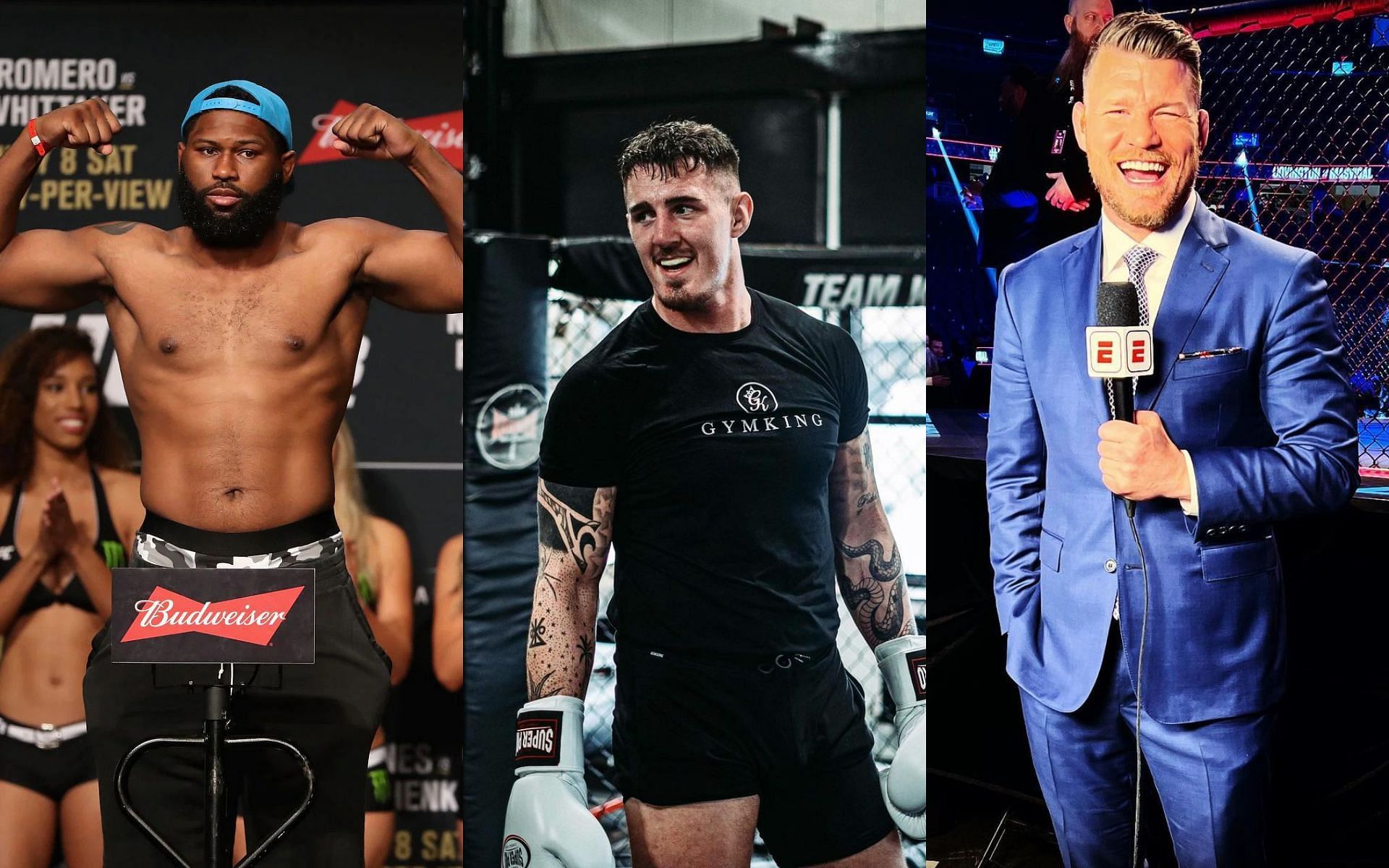 Curtis Blaydes (Left), Tom Aspinall (Middle), and Michael Bisping (Right) (Images courtesy of Getty, @tomaspinallofficial Instagram, and @mikebisping Instagram)