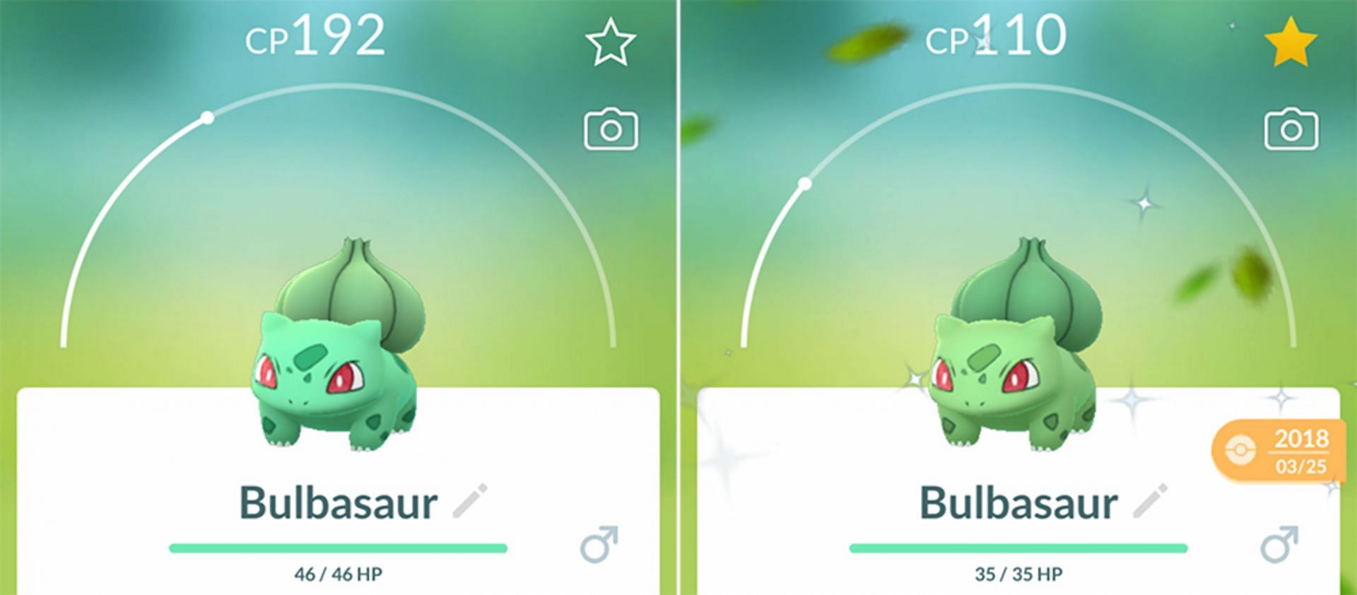 Bulbasaur&#039;s shiny variant compared to its standard appearance (Image via Niantic)