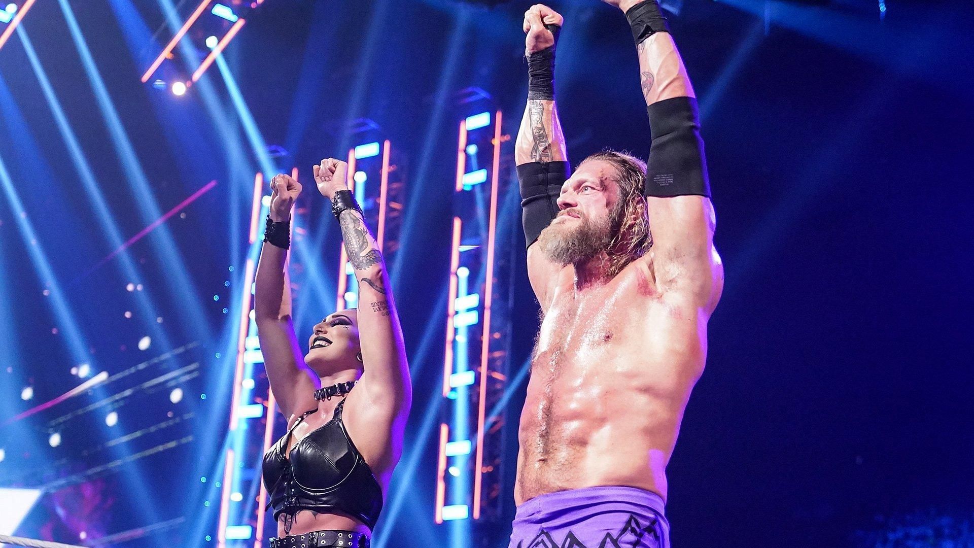 Edge with Rhea Ripley after he defeated AJ Styles at WrestleMania Backlash