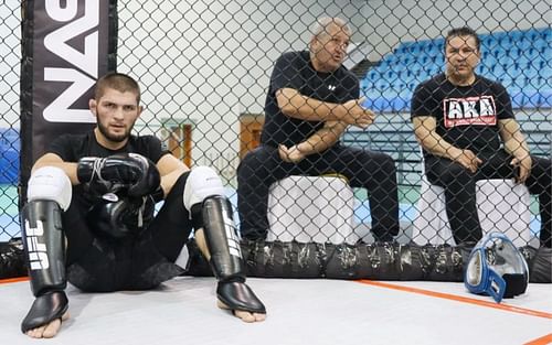 From left to right: Khabib Nurmagomedov, Abdulmanap Nurmagomedov and Javier Mendez [Image Courtesy: @akajav on Instagram]