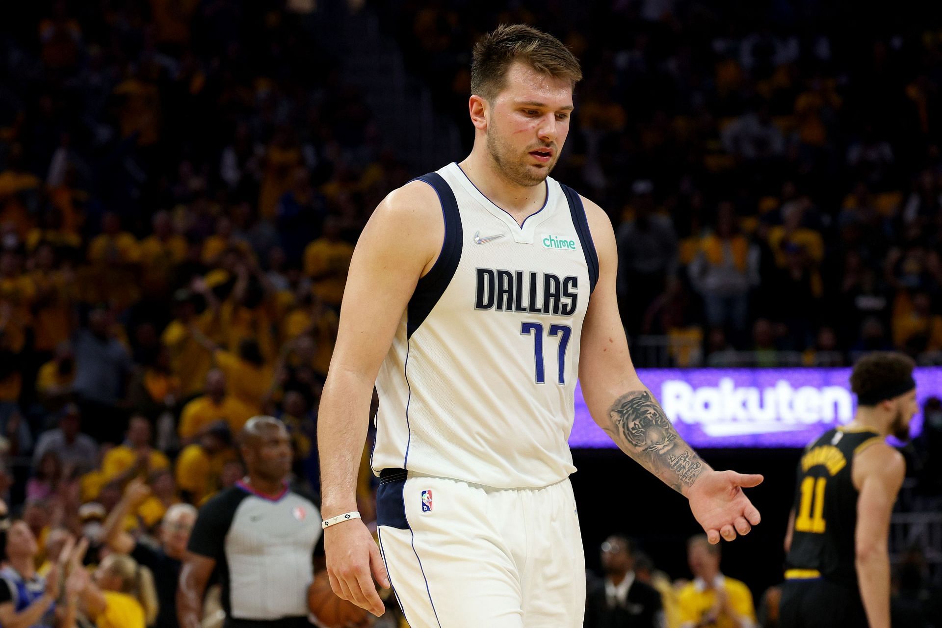 Luka Doncic of the Dallas Mavericks reacts to the Golden State Warriors during game 1 of the Western Conference finals at Chase Center on Wednesday in San Francisco, California