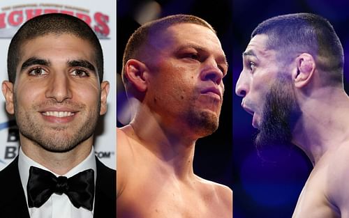 (L to R) Ariel Helwani, Nate Diaz, Khamzat Chimaev