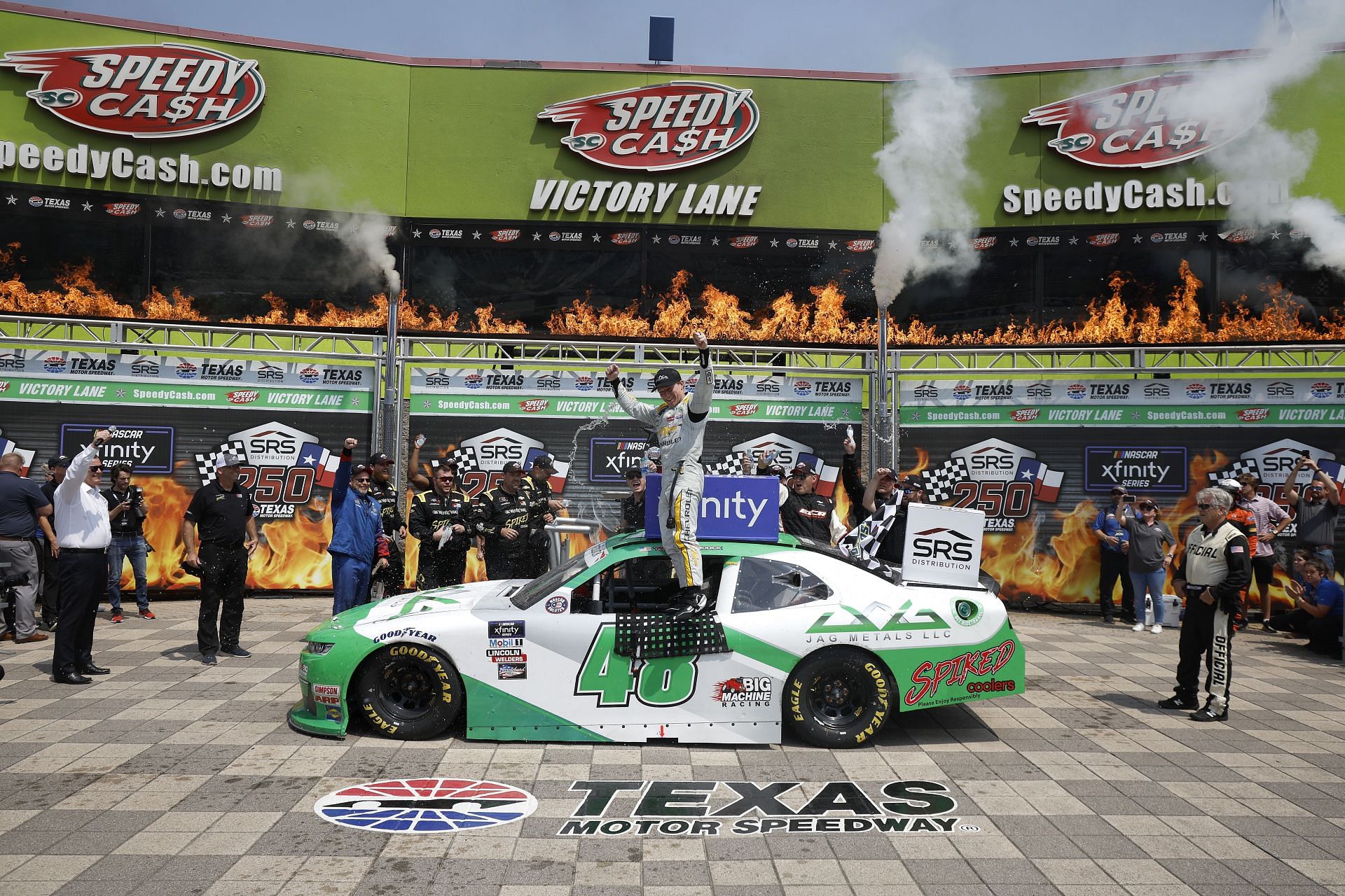 Tyler Reddick celebrates in victory lane after winning the NASCAR Xfinity Series SRS Distribution 250 at Texas Motor Speedway (Photo by Chris Graythen/Getty Images)