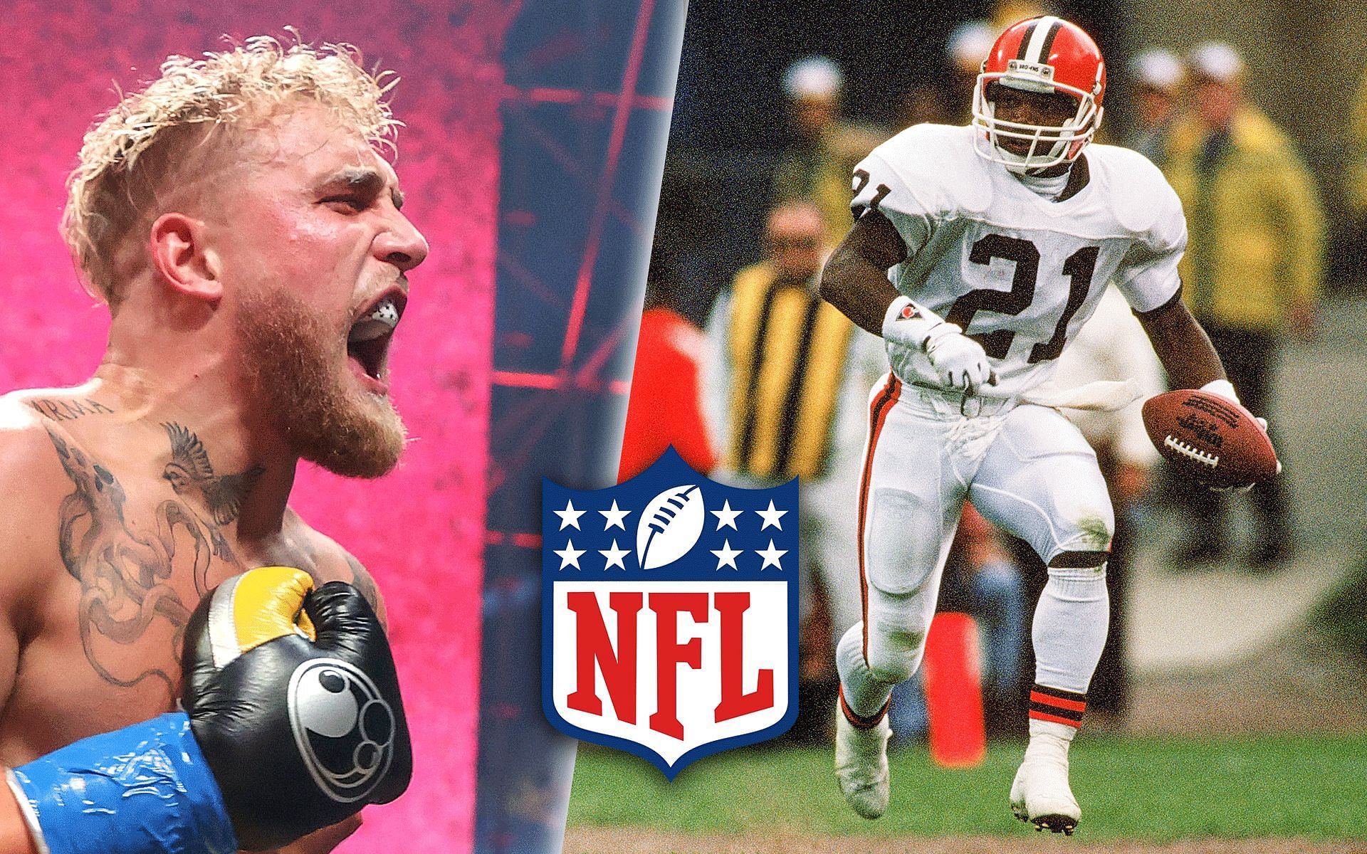 Jake Paul (L), [NFL logo via @nfl on Instagram], Eric Metcalf (R) [Via dawgpounddaily.com]