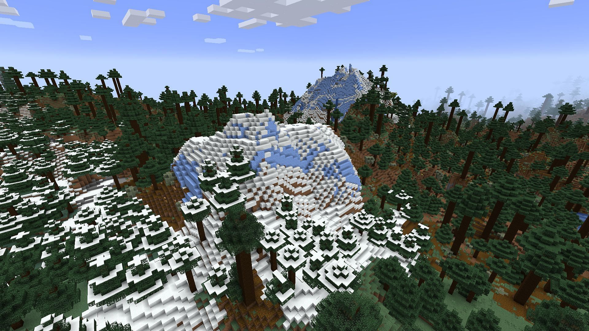 Icy peaks surrounded by old growth taiga (Image via Minecraft)