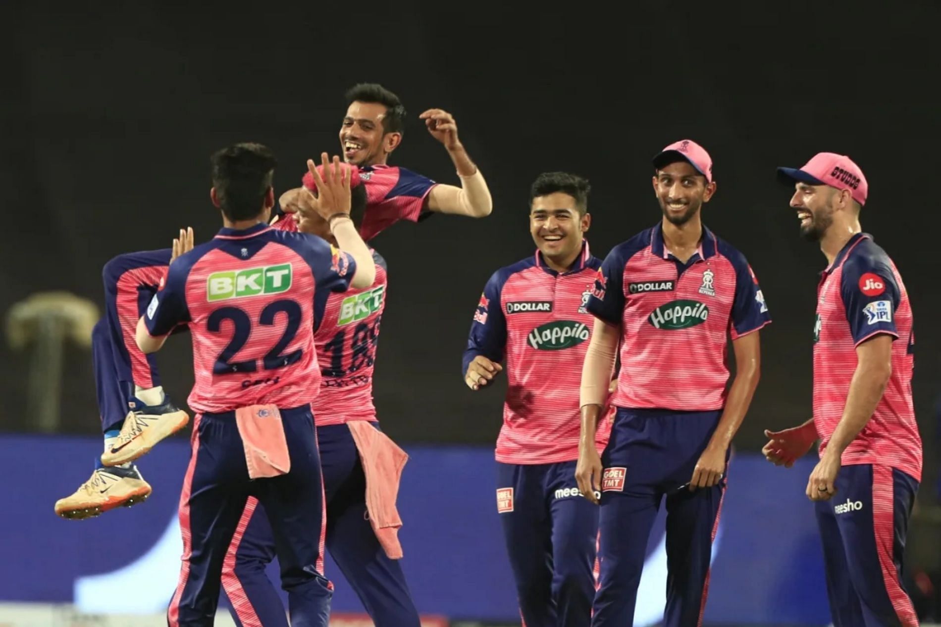 RR leggie Yuzvendra Chahal is lifted by teammates.