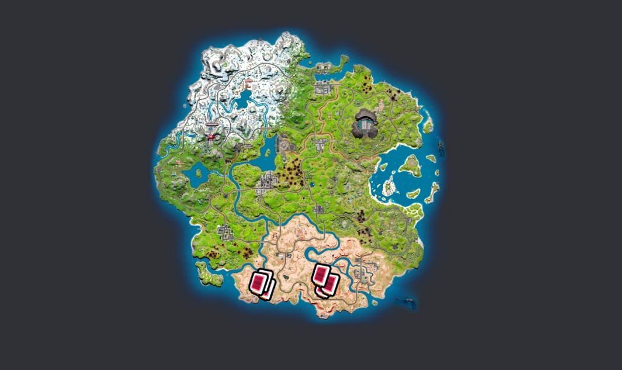 Map locations of Chonker&#039;s Speedway and Synapse Station in Fortnite Chapter 3 Season 2 (Image via Fortnite.GG)