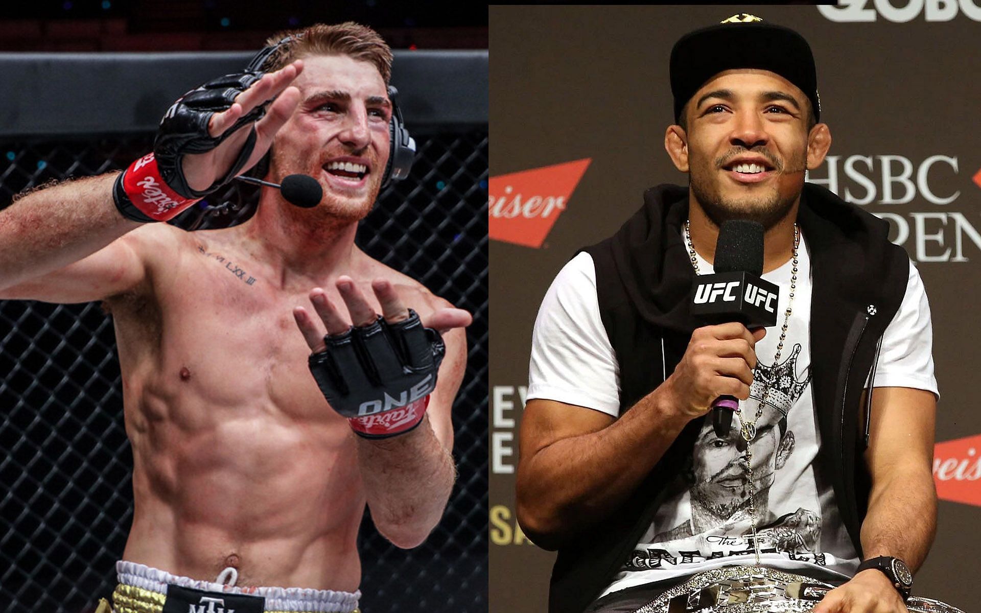 Jose Aldo (R) is rooting for Jonathan Haggerty (L) to win the ONE Flyweight Muay Thai World Grand Prix. | [Photos: ONE Championship/Getty]