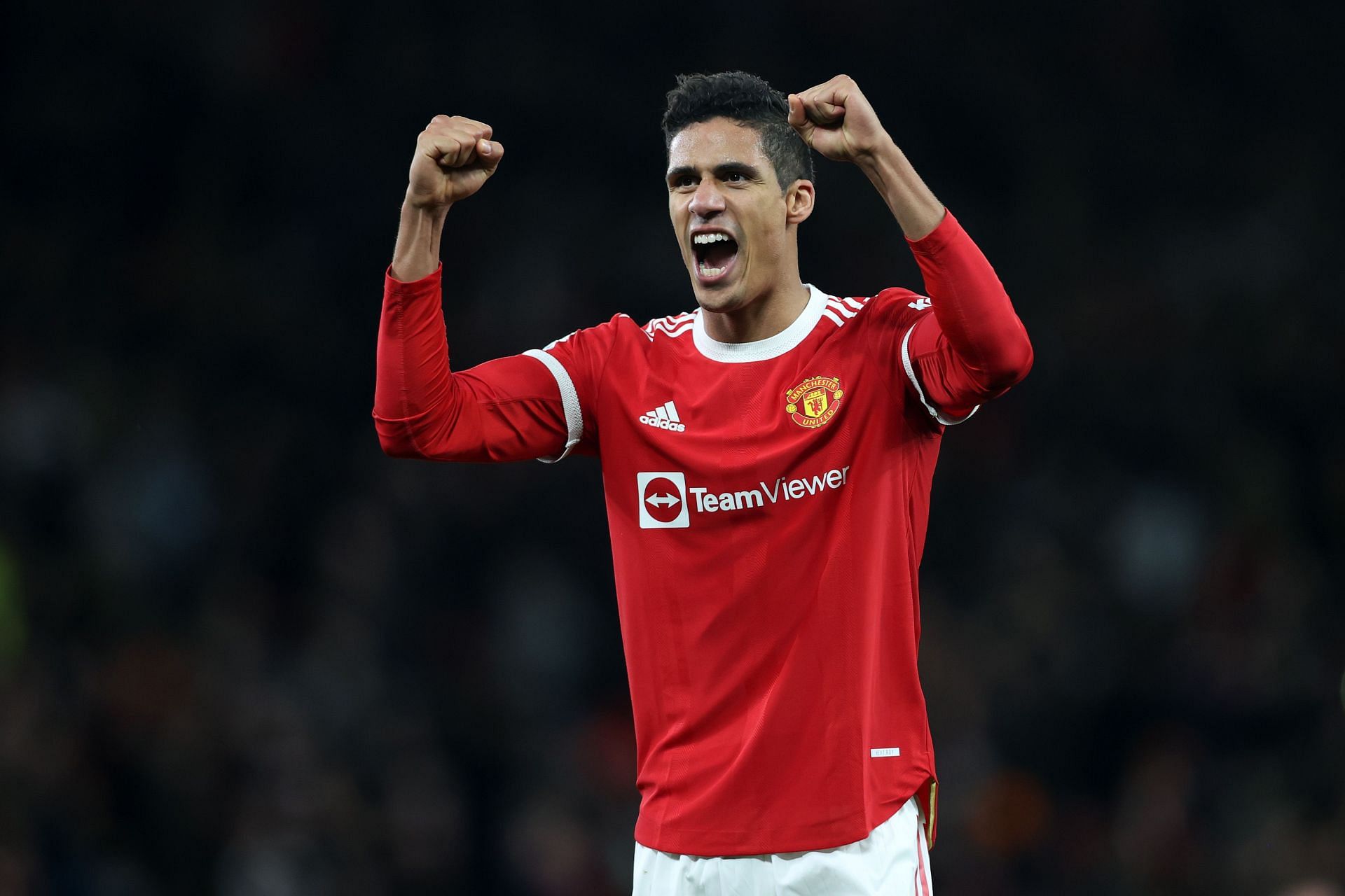 Raphael Varane celebrates his first goal for Manchester United