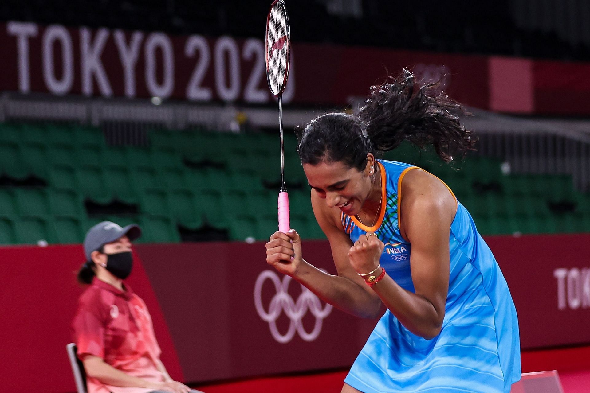 PV Sindhu exults after winning a point at the Tokyo Olympics