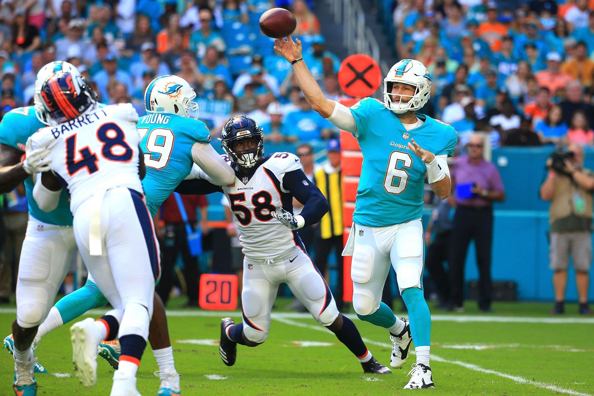 The QB with the Miami Dolphins facing his old team, the Denver Broncos