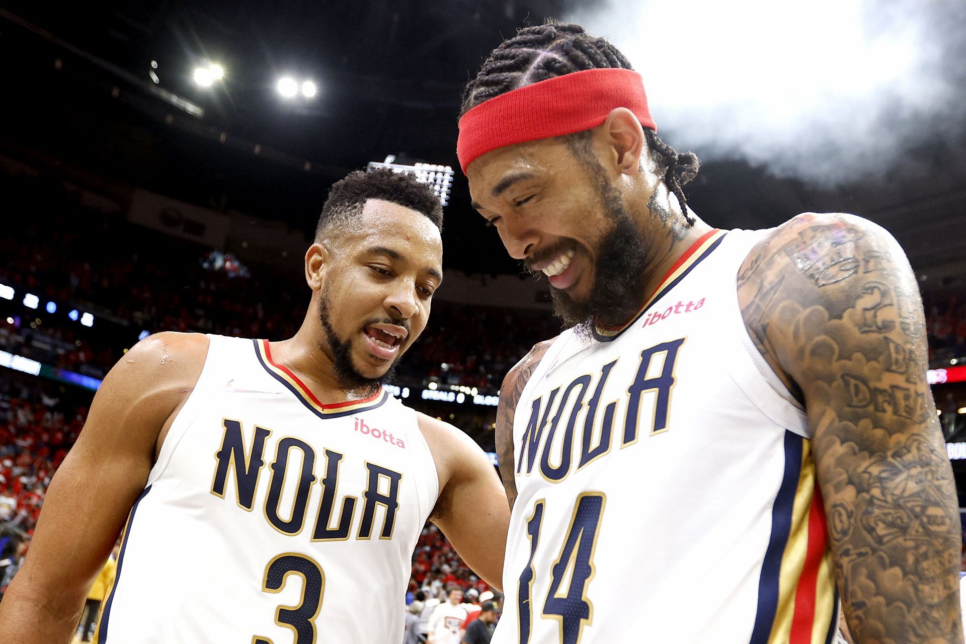 CJ McCollum and Brandon Ingram of the New Orleans Pelicans in the NBA Play-In Tournament.