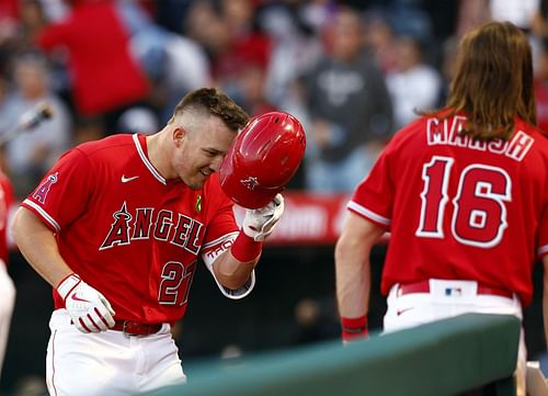 Los Angeles Angels players Mike Trout and Brandon Marsh