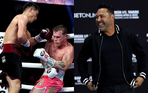 Oscar De La Hoya (L) has given his take on Canelo Alvarez's chances against Dmitry Bivol (R)