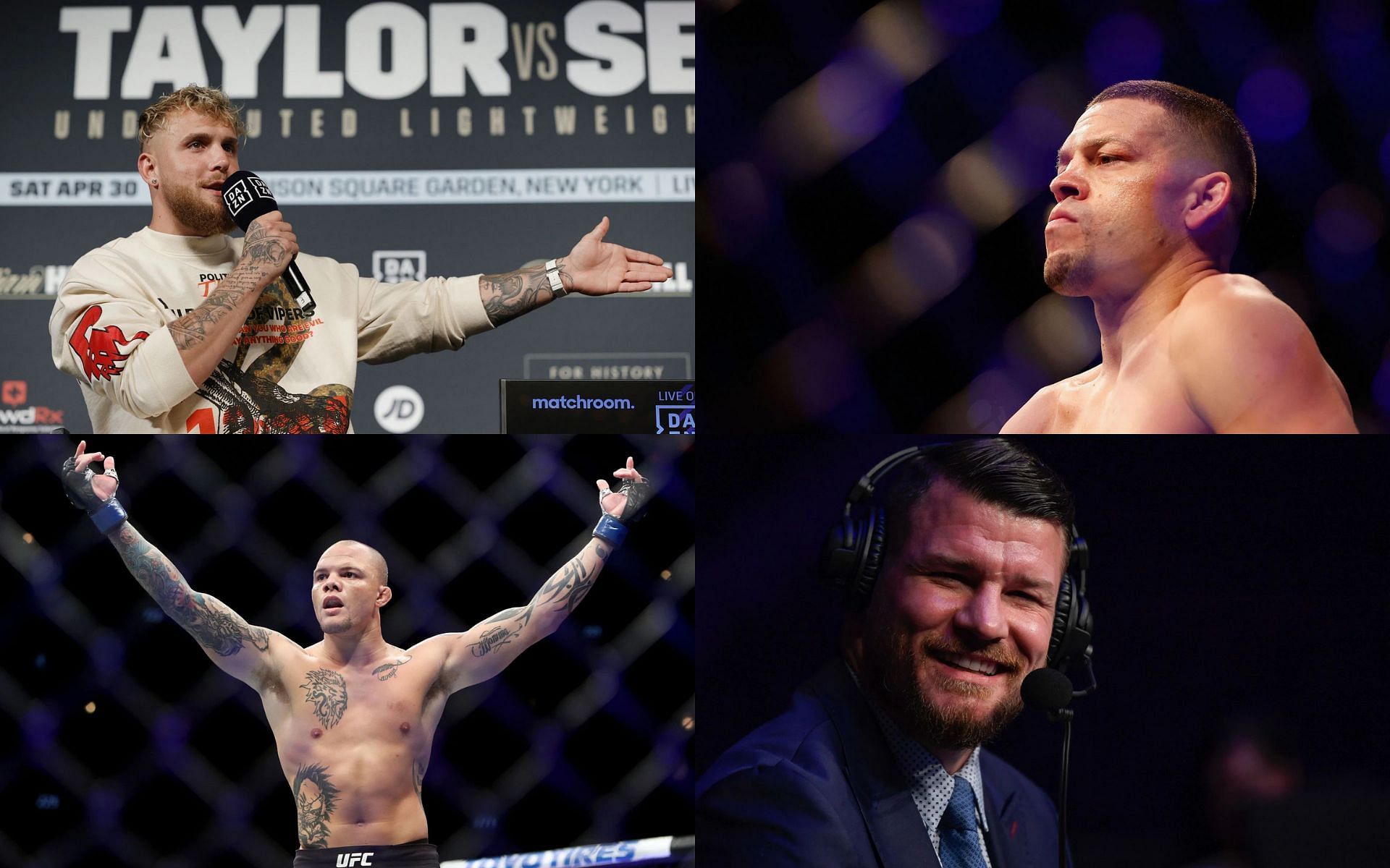 Jake Paul (Top-Left), Nate Diaz (Top-Right), Anthony Smith (Bottom-Left), and Michael Bisping (Bottom-Right) (Images courtesy of Getty)