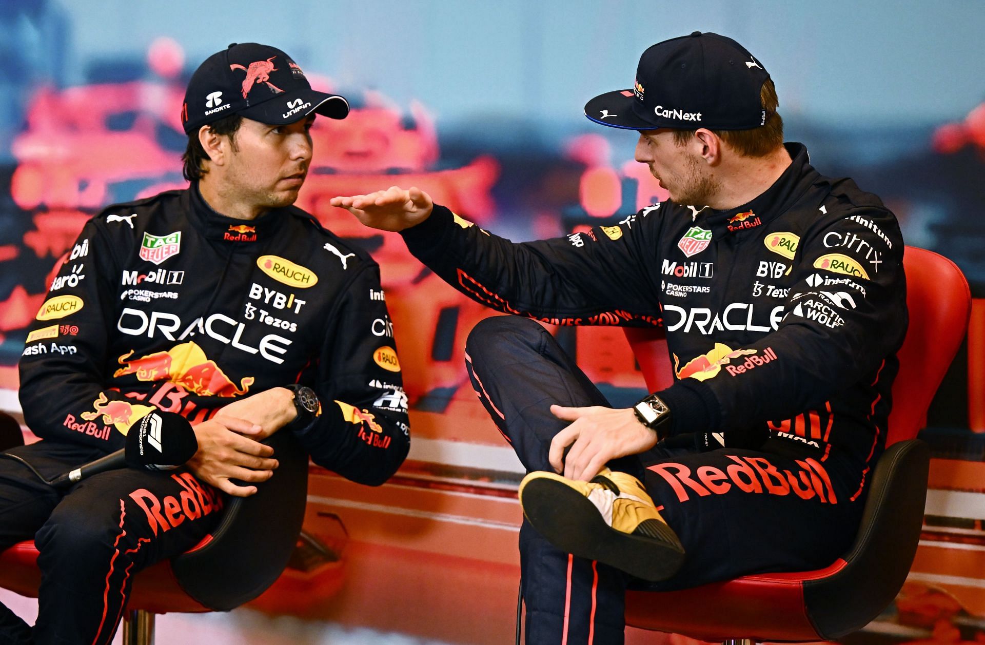 Red Bull drivers Sergio Perez (left) and Max Verstappen (right) following the 2022 F1 Monaco GP (Photo by Clive Mason/Getty Images)