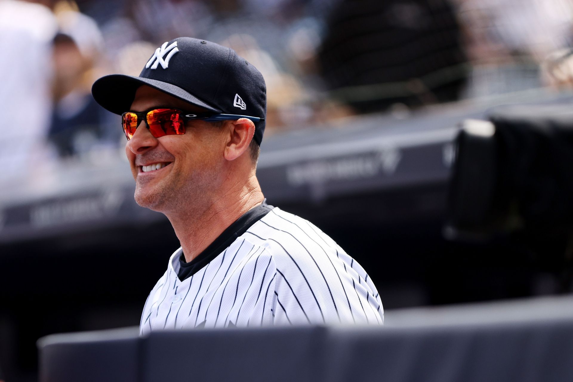 New York Yankees manager Aaron Boone is reflected in the