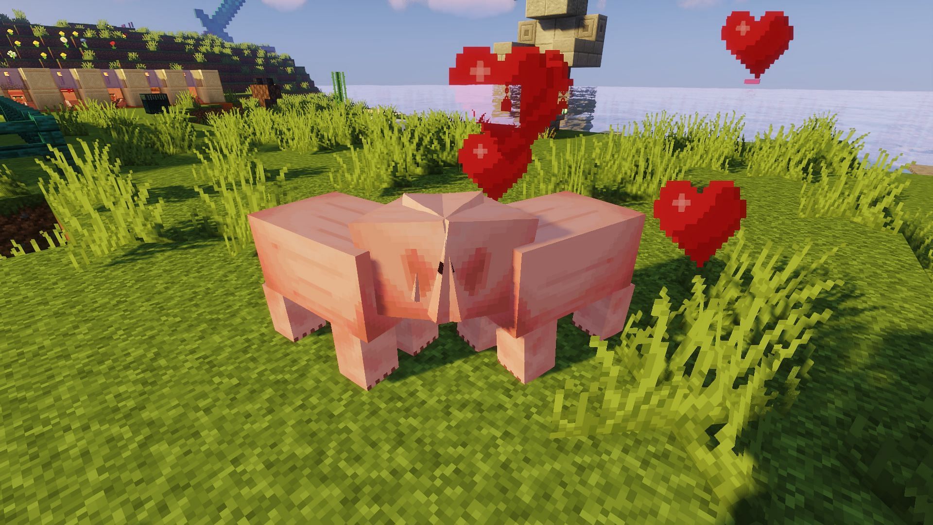 Beetroot causing two pigs to become willing (Image via Minecraft)