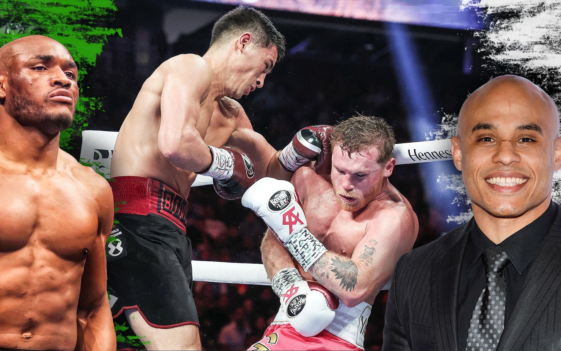 Kamaru Usman (left), Canelo Alvarez &amp; Dmitry Bivol (centre), Ali Abdelaziz (right)