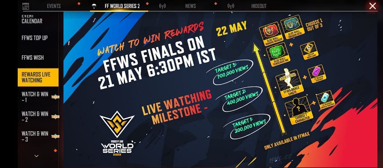 FFWS Watch to Win event is offering milestone rewards (Image via Garena)