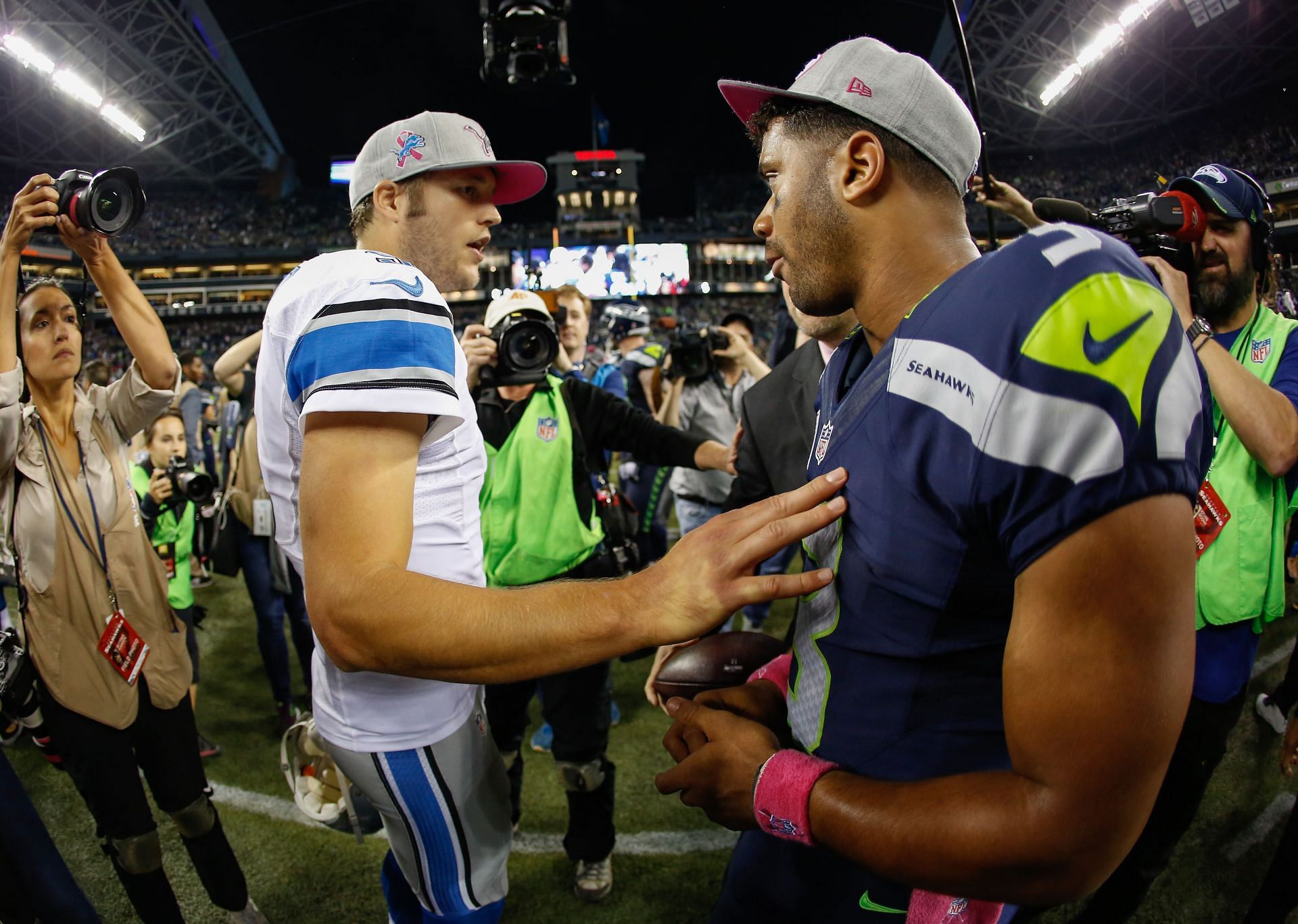 Stafford with the Detroit Lions and Russell Wilson with the Seattle Seahawks