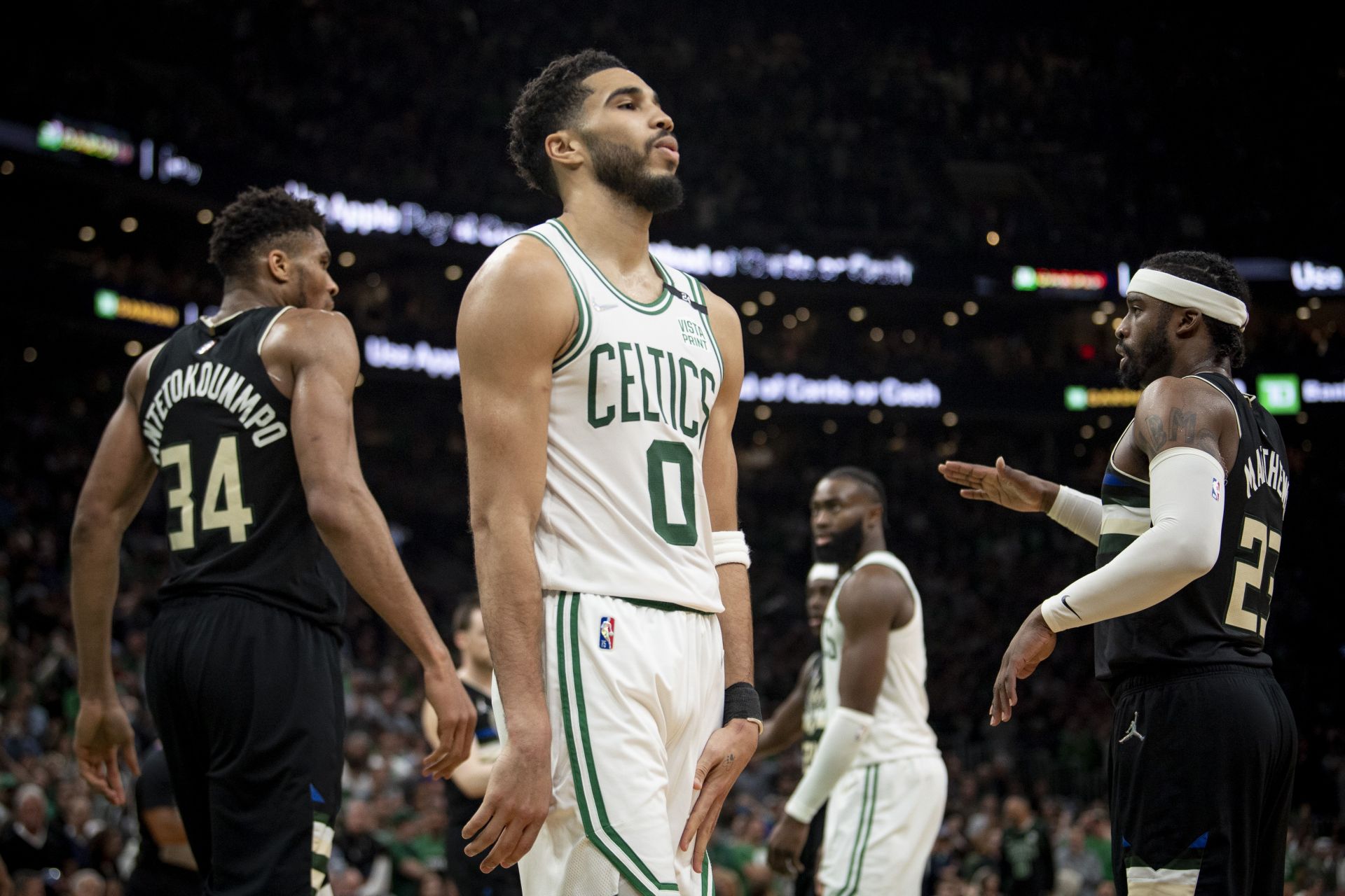 Jayson Tatum reacts to a play in the fourth-quarter of Game 5