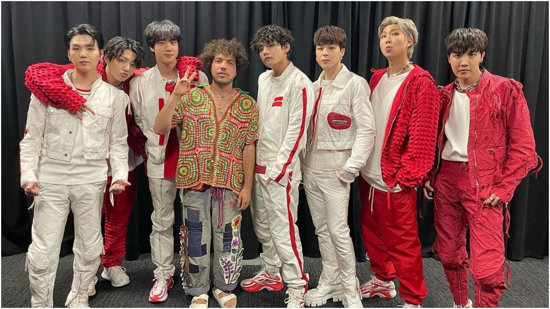 The septet with benny blanco at their Permission to Dance Las Vegas concert (Image via @ItsBennyBlanco/Twitter)