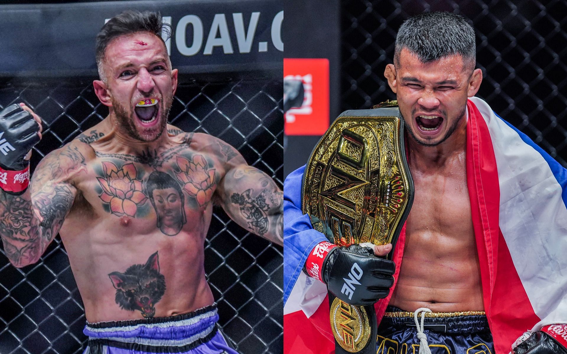 Liam Harrison (left) plans to defend the ONE bantamweight Muay Thai world title in England if he beats Nong-O Gaiyanghadao (right) in their match. [Photos ONE Championship]