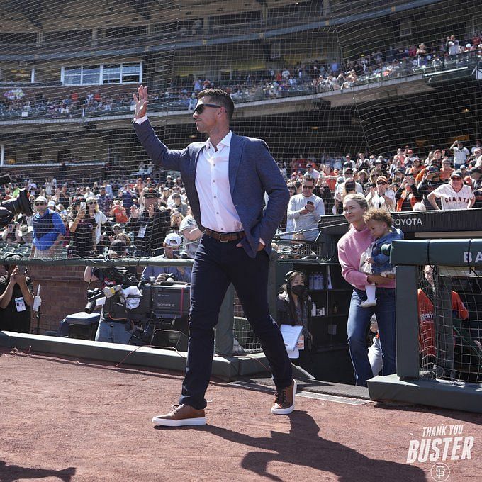 A special end to a special ceremony - Retired San Francisco Giants legend  catches pitches from his children on Buster Posey Day