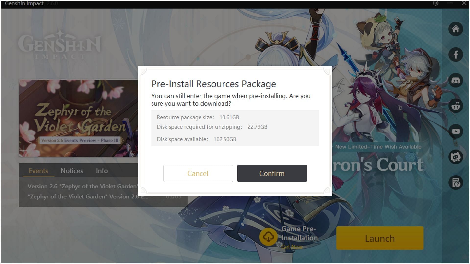 Required space for pre-installation in the PC launcher (Image via Hoyoverse)