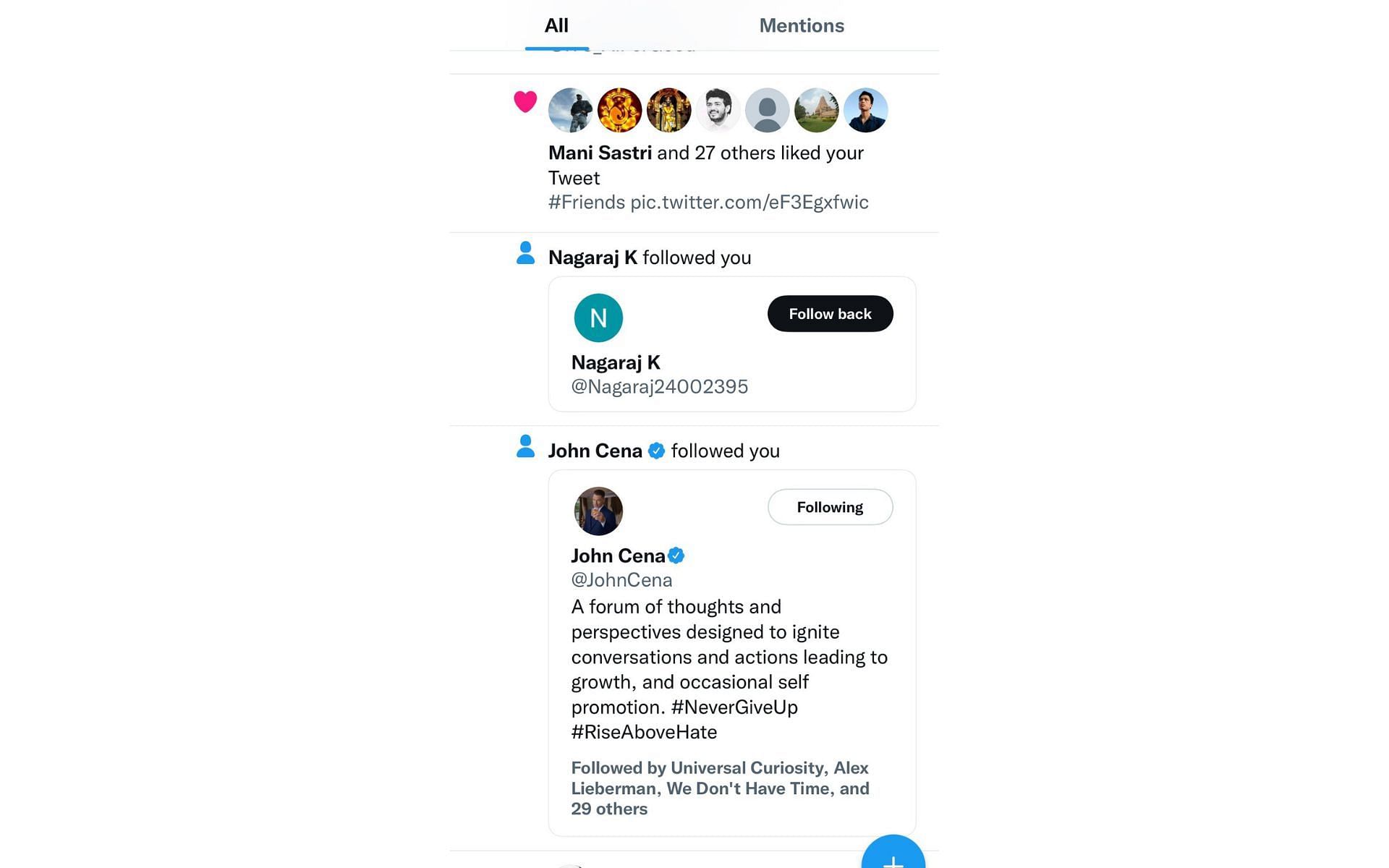 Agnishwar Jayaprakash shared a screenshot where John Cena followed him on Twitter