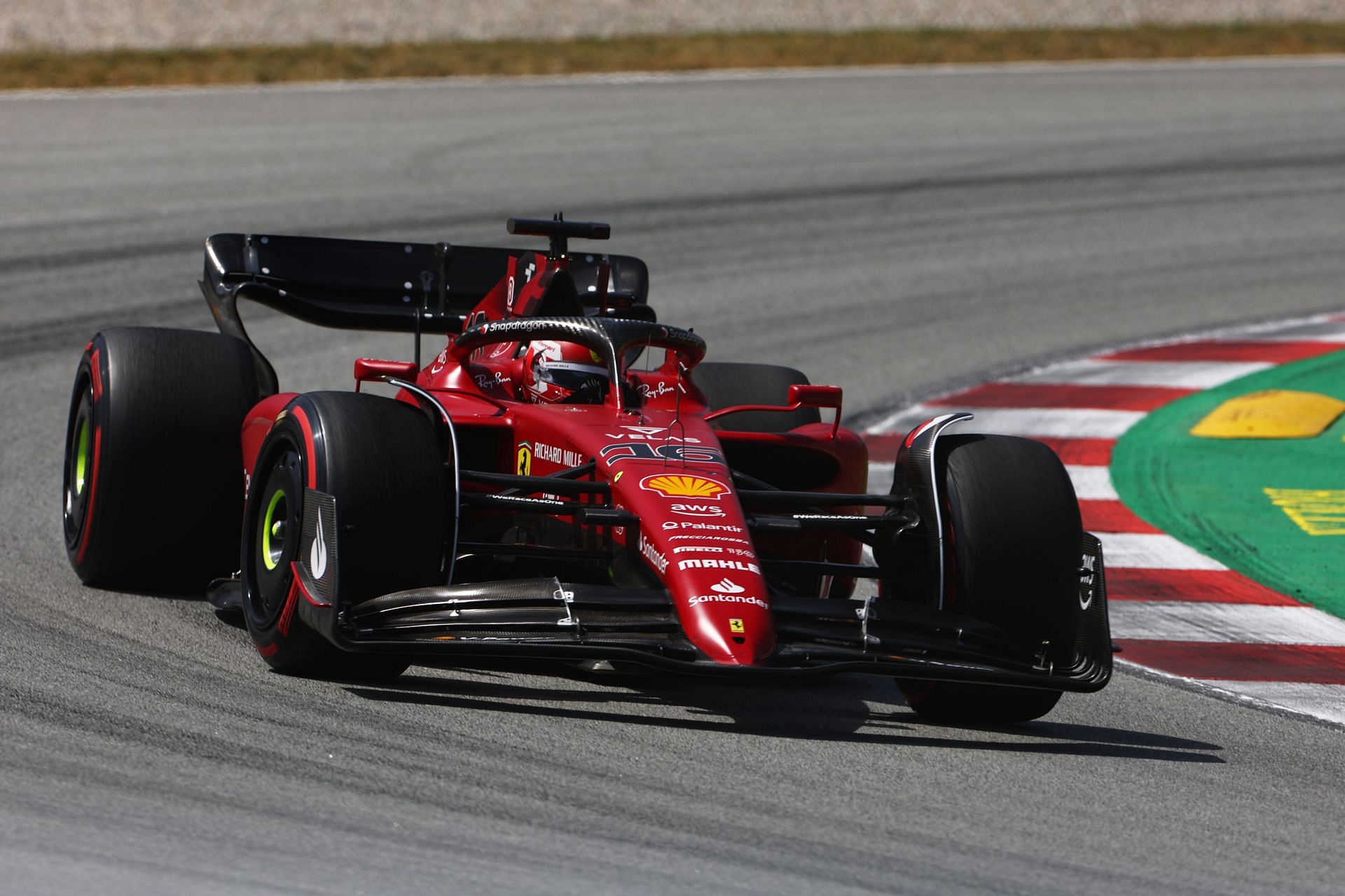 Ferrari&#039;s Charles Leclerc in action during the 2022 F1 Spanish GP weekend (Photo by Lars Baron/Getty Images)