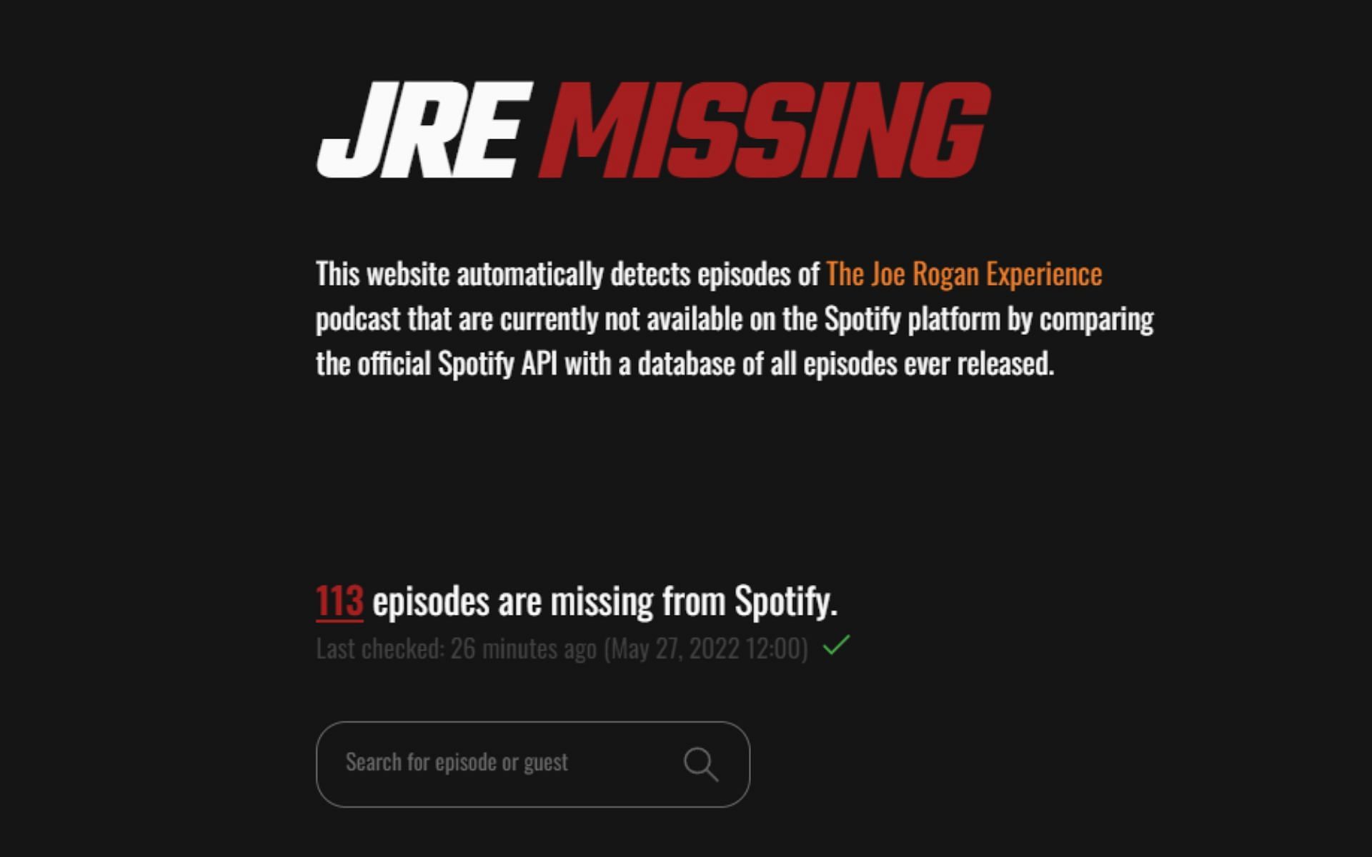 JRE Missing catalogued 113 deleted episodes of the Joe Rogan Experience