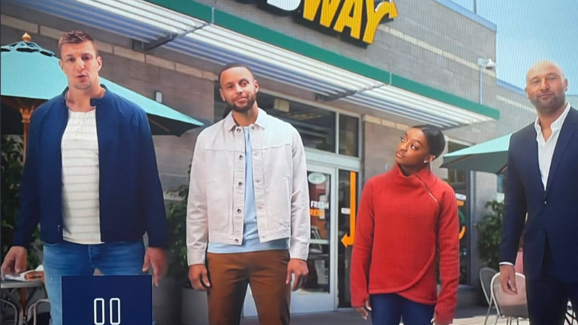 Derek Jeter in the recent Subway commercial with Rob Gronkowski, Stephen Curry, and Simone Biles.