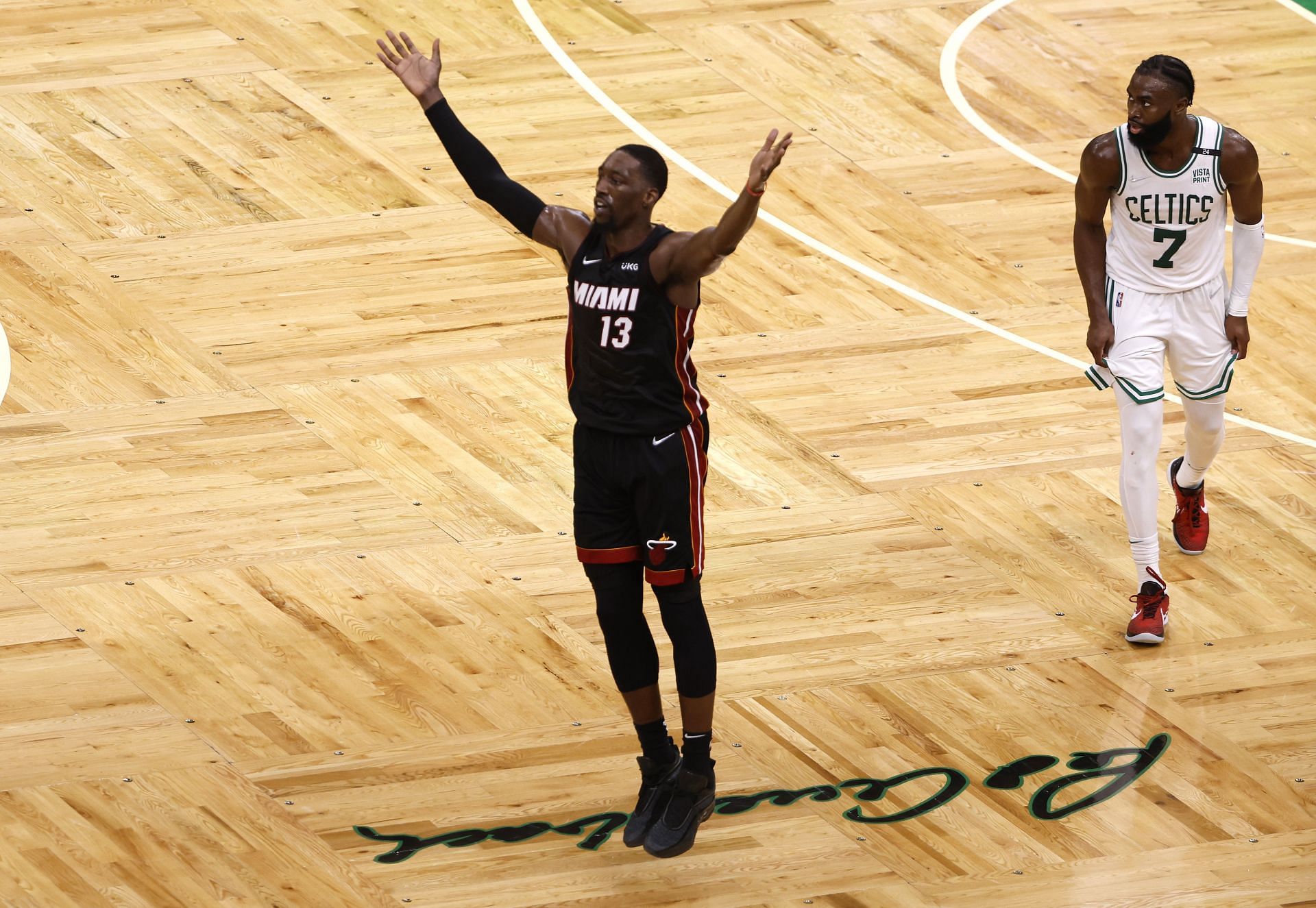 Bam Adebayo #13 of the Miami Heat reacts after a basket in the fourth quarter against the Boston Celtics.