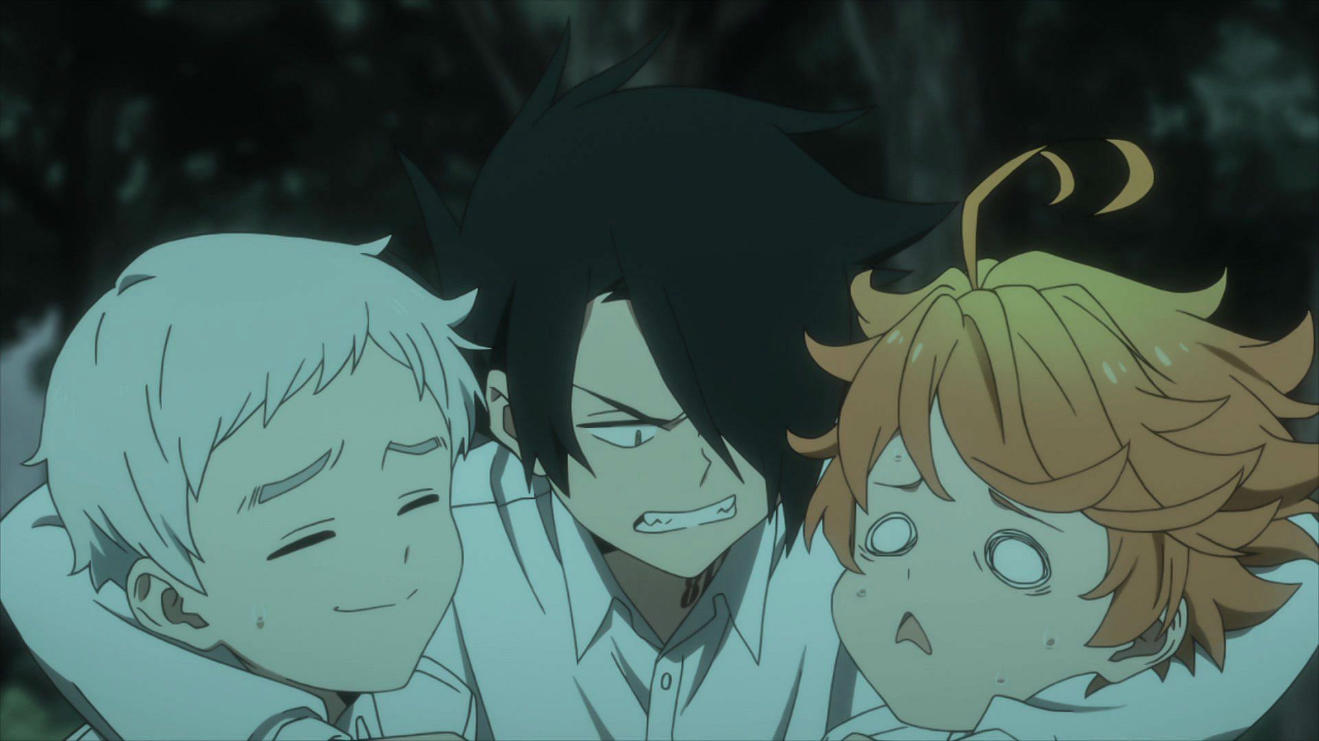 Ray (Center) overenthusiastically hugging Emma (Right) and Norman (Left) (Image via CloverWorks)