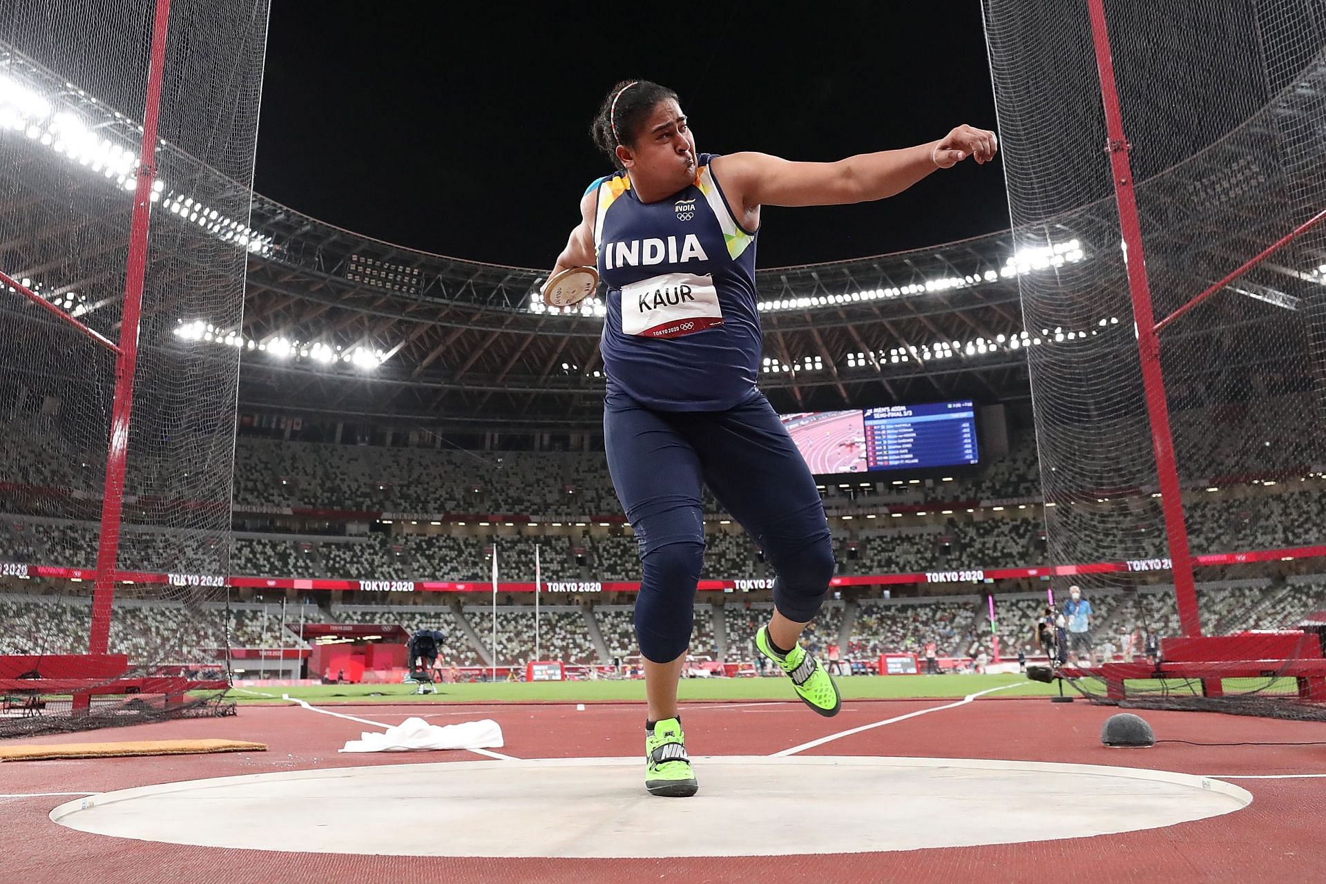 Indian discus thrower Kamalpreet Kaur in action at the Tokyo Olympics. (PC: Getty Images)