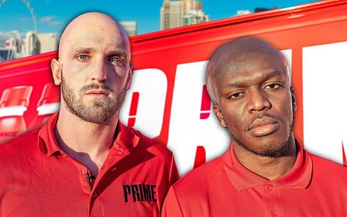 Logan Paul (left) and KSI (right) pose in front of their Prime truck