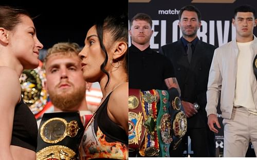 Amanda Serrano with Katie Taylor (left) and Canelo Alvarez with Dmitry Bivol