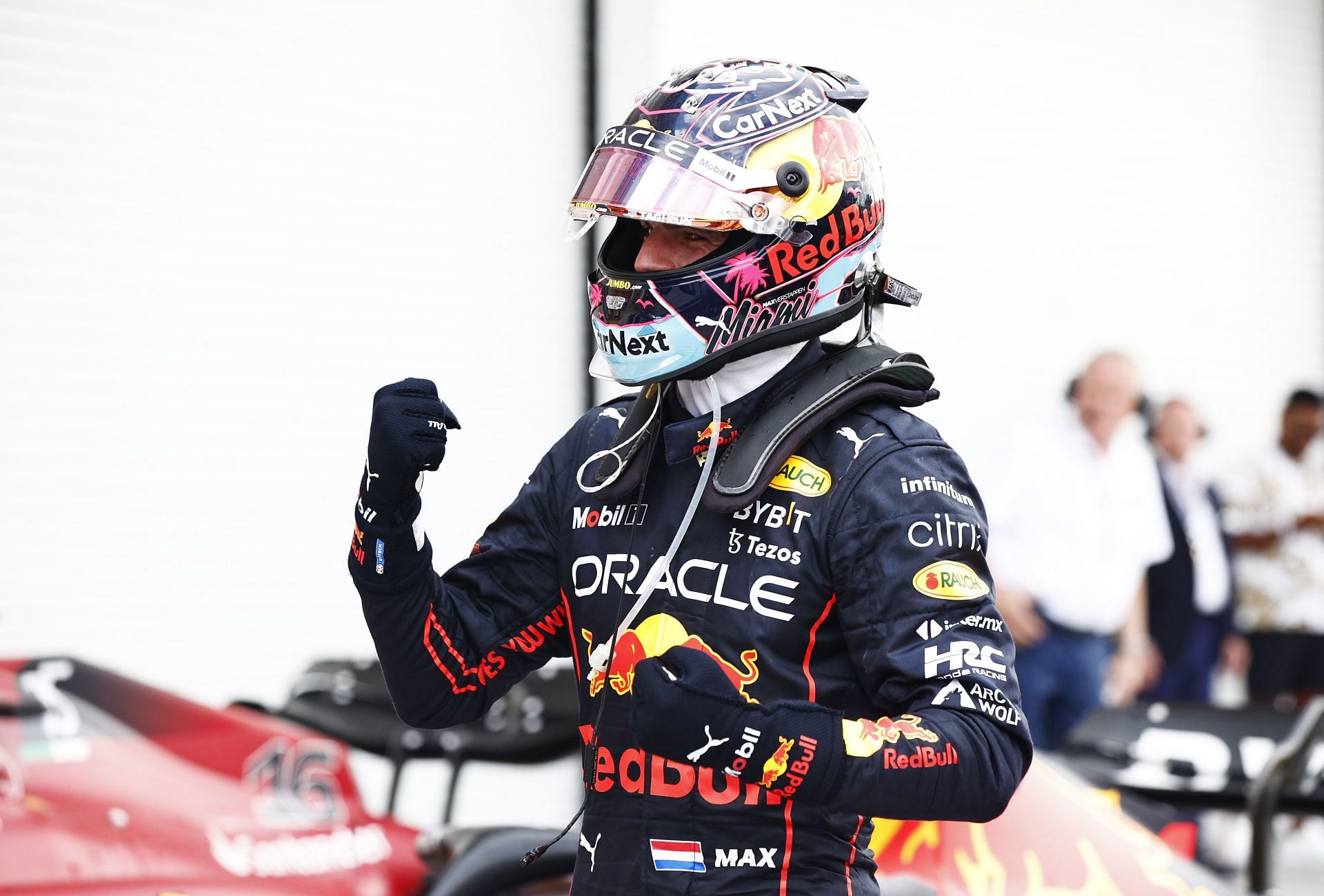 Max Verstappen celebrates after winning the 2022 F1 Miami GP with Red Bull (Photo by Jared C. Tilton/Getty Images)
