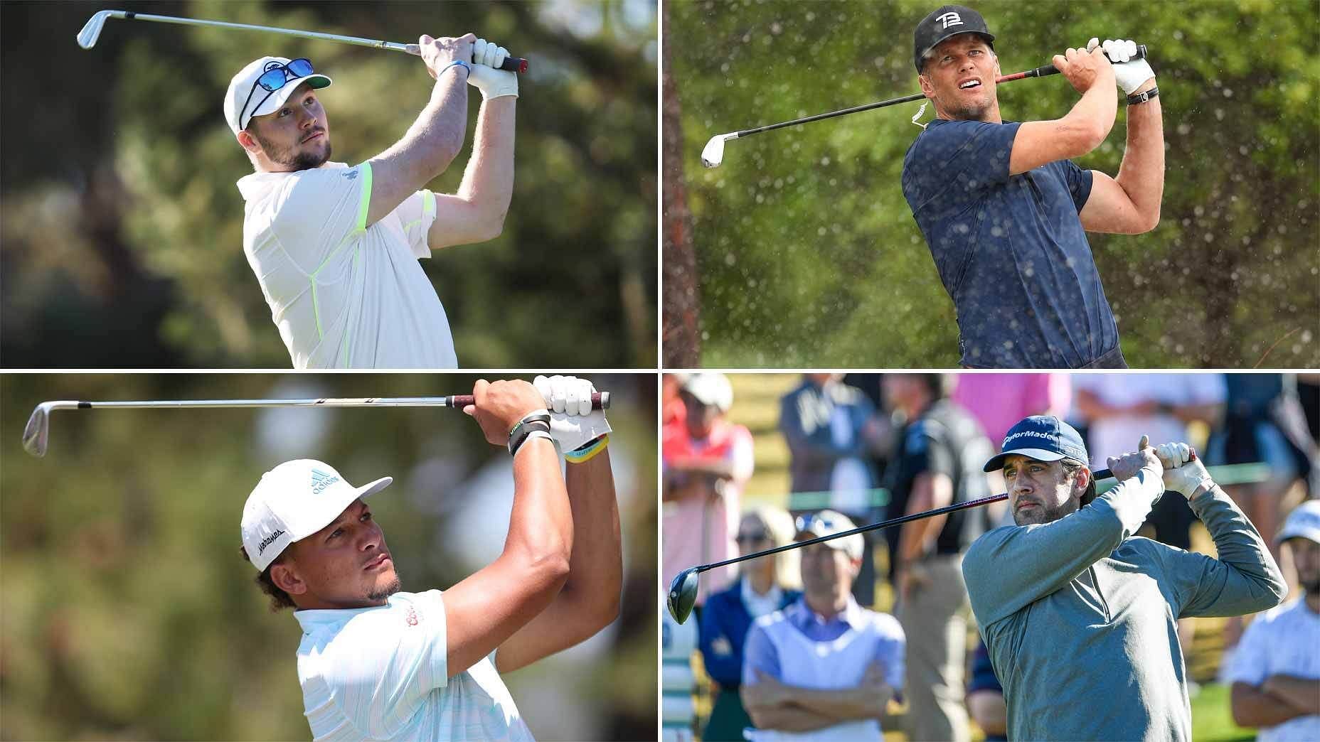 QBs Josh Allen (upper left), Patrick Mahomes (bottom left), Tom Brady (top right), and Aaron Rodgers (bottom right) in The Match 2022. Source: Golf.com