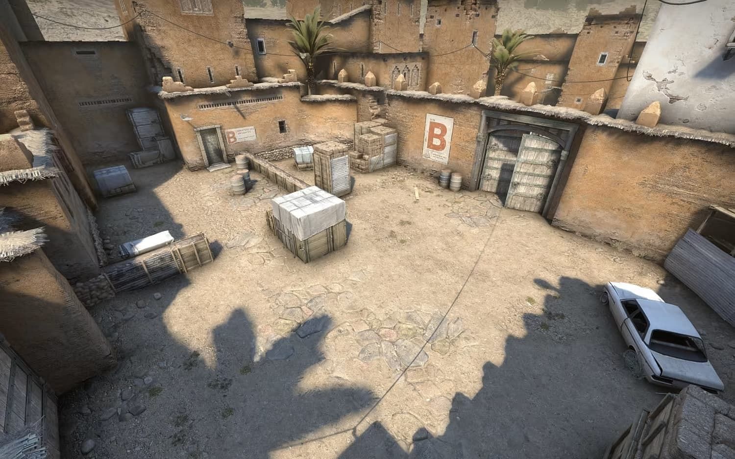 A look at the B bombsite on the Dust 2 map (Image via Valve)