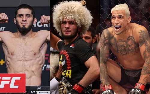 Islam Makhachev (left), Khabib Nurmagomedov (middle) and Charles Oliveira (right)