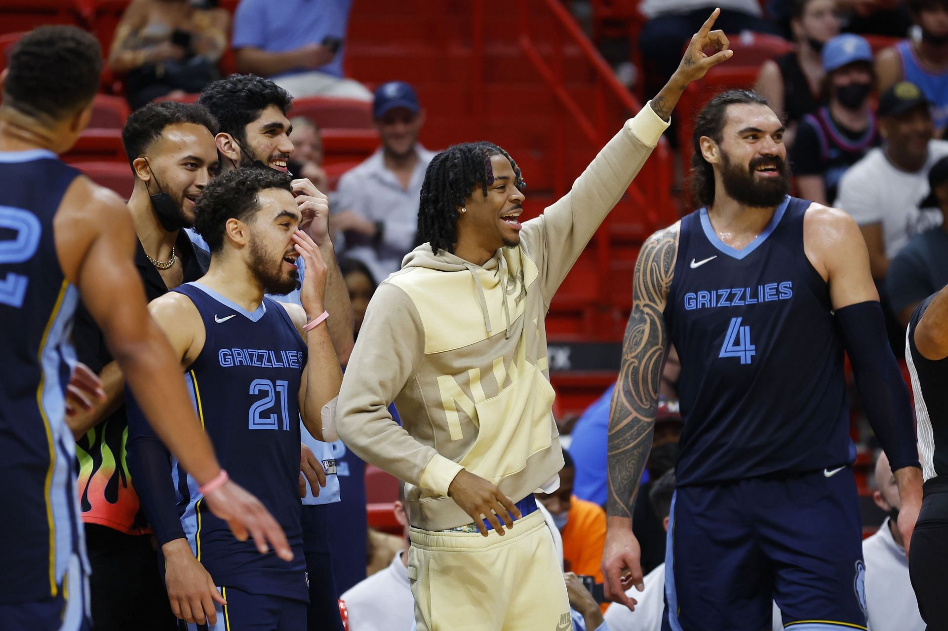 Ja Morant and the Memphis Grizzlies celebrate during their regular-season game against the Miami Heat